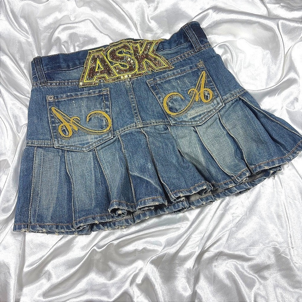 y2k pleated Denim Mini Skirt Blue Sequin ASK Patch Union Jack 33W